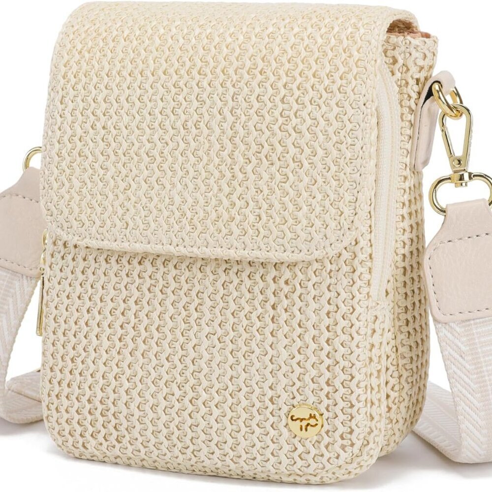Boho White Small Raffia RFID Crossbody Bag with Multi-Pocket Organizer for Women